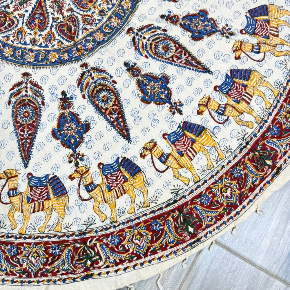 Vintage‎ Kalamkari Tablecloth Ghalamkar Block Print Round Mandala